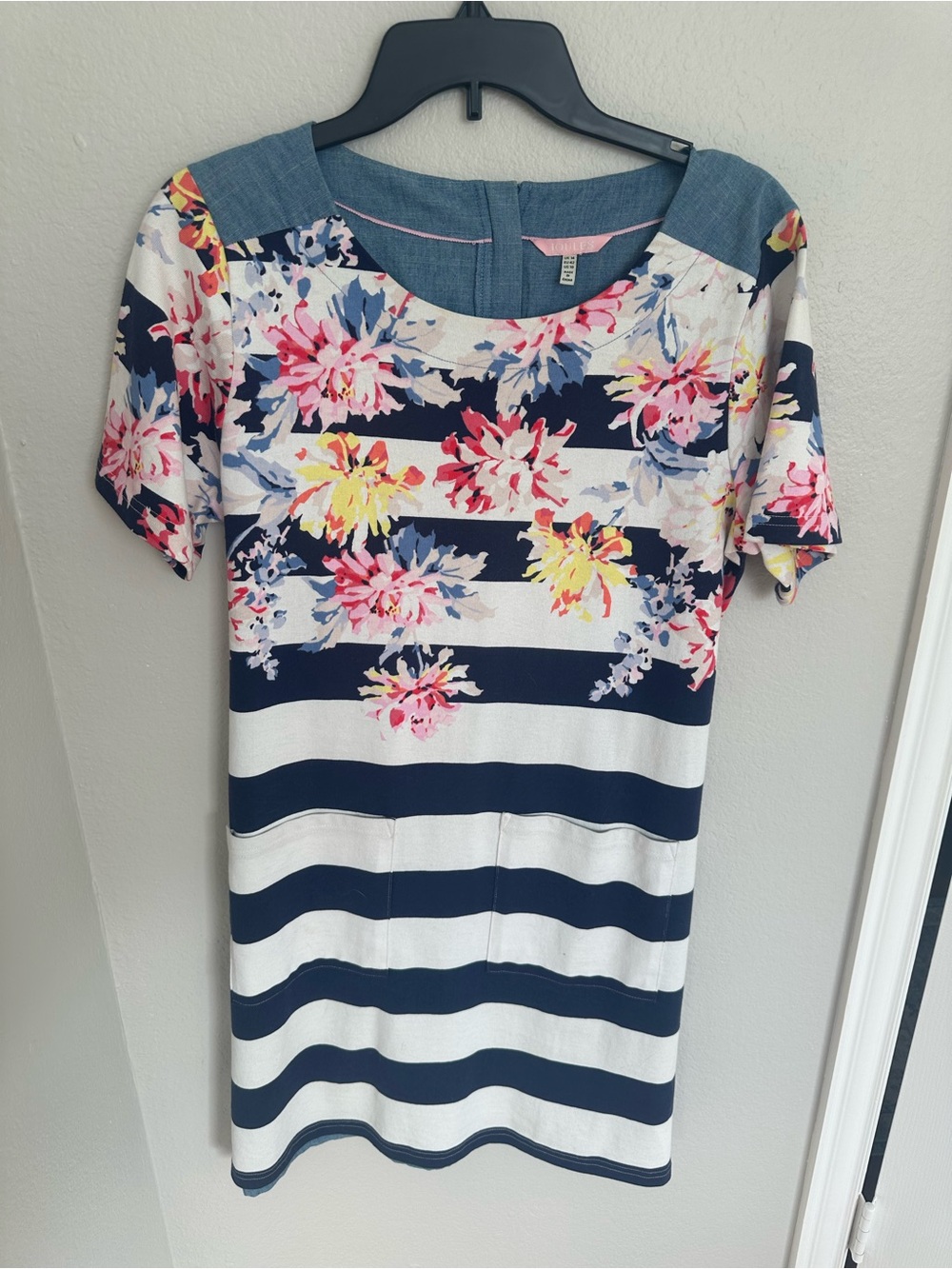 Joule Floral Stripe Navy & White Shift Dress Size 10